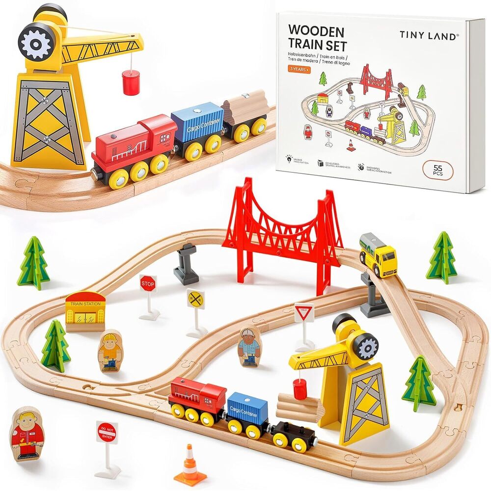 55PCS Wooden Train Set - Compatible with Major Brand Tracks